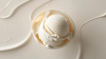 Creamy white ice cream scoops in a bowl on a smooth surface for business purposes photo