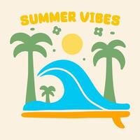 The palm coconut tree, waves and summer vibes design for t-shirt illustration vector