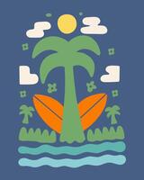 The palm coconut tree, surfboard and beach vibes design for t-shirt illustration vector