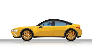 Concept illustration of detailed side of a flat yellow sport car. with shadow of car on reflected from the ground below. can view interior of car with driving man. vector