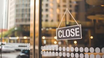 A closed sign hangs in a business window, indicating that the establishment is not open for service photo
