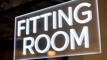 Fitting Room sign with white letters illuminated on a transparent surface for business purposes photo