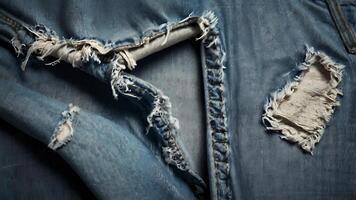 Close-up of torn denim jeans with exposed threads and frayed edges for fashion business photo