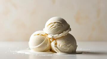 Three scoops of vanilla ice cream melting on a white surface for business use photo