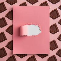 Pink paper with torn hole on a pink background with chocolate for business use photo