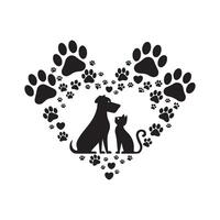 A heart-shaped composition made up of various black paw prints and small hearts, with the silhouette of a dog and a cat vector