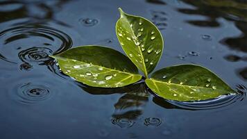 Green leaves with water droplets floating on rippling dark water surface for business photo