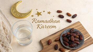 Ramadan Kareem still life with dates and water for religious event promotion and business advertisement photo
