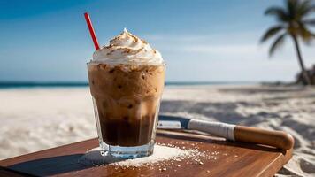 Iced coffee with whipped cream on a beach setting for advertising or business use photo