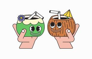 Two character coconut drinks held by hands vector