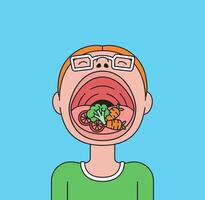 Child with a large open mouth filled with healthy vegetables vector