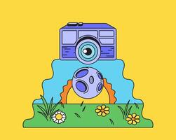 Retro camera capturing nature scene illustration vector