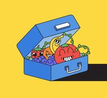 Lunchbox with cartoon character fruits and vegetables illustration vector
