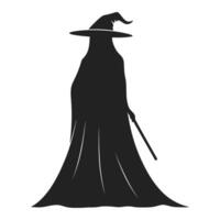 Silhouette of a Witch in Cloak and Hat - Halloween Outline Art vector