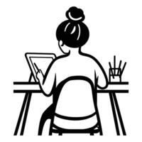Woman Working at a Desk with Creative Tools Around vector
