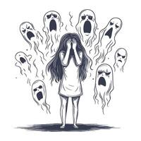 Girl Facing a Group of Whispering Ghostly Shadows vector