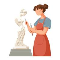 Female Sculptor Working on a Clay Statue in an Art Studio vector