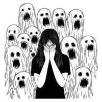 Woman Surrounded by Distressed Ghosts in a Paranormal Encounter vector