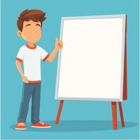 Young Boy Pointing at a Blank Canvas for a Class Presentation vector
