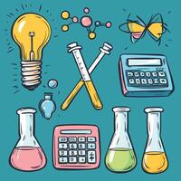 Science Laboratory Illustration with Beakers, Lightbulb, and Calculator vector
