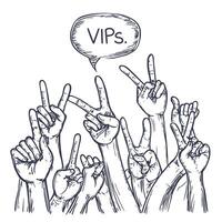 Crowd of Hands Raised in a Concert with Speech Bubble Saying VIPs vector