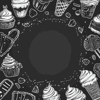 Chalkboard Frame with Pastries and Sweets Border in Black and White vector