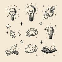 HandDrawn Scientific Icons with Lightbulb, Books, and Planets vector