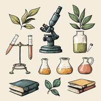Scientific Equipment with Microscope and Botanical Leaves vector