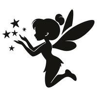 Silhouette of a Fairy Casting Magic with Sparkling Stars Around Her vector