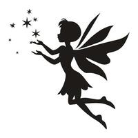 Silhouette of a Running Fairy with Wings and Sparkling Stars vector