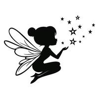 Silhouette of a Fairy Sitting on the Ground Casting Magic with Stars vector