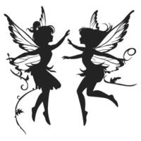 Silhouettes of Two Fairies with Wings in an Enchanting Pose Together vector