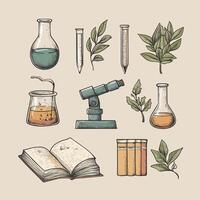 Vintage Science Illustration with Books, Beakers, and Botanical Elements vector