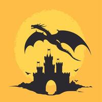 Castle and Dragon Silhouette with a Full Moon Background vector