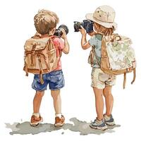 Two Children with Backpacks Exploring Nature vector