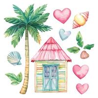 Pink Beach Hut with Palm Trees and Tropical Hearts vector