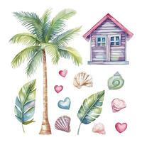 Cute Tropical Elements with Beach Hut and Palm Trees vector