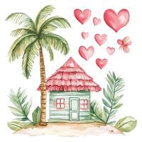 Pink Beach Hut with Palm Trees and Floating Hearts vector