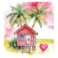 Tropical Beach Hut with Palm Trees and Heart Decorations vector
