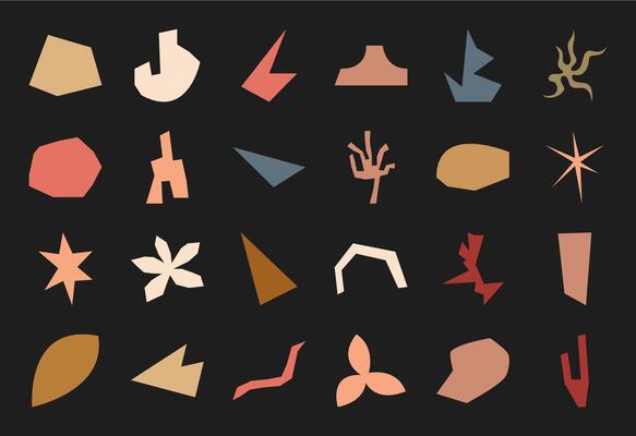 Modern boho irregular symbol collection, flat liquid random element art, cute organic asymmetric silhouette graphic, doodle abstract minimal form design, trendy geometric amorphous shape set,