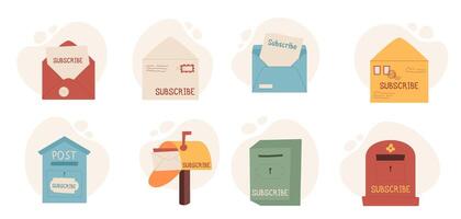 Cartoon subscribe mailbox collection at abstract background, creative style paper mail in postbox newsletter subscription template, flat envelope illustration and trendy greeting letter design. vector