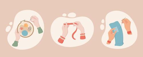 Hands demonstrating needlework. With thread, needle, sew, tailor, and sewing elements. Featuring embroidery, crafts, and hands doing delicate work with fabrics and tools set against a light background vector