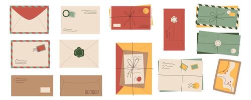 Flat craft sealed letters and mail collection design, cartoon handwritten post card and envelopes illustration, creative style handmade letter with wax seal and postcard isolated element set. vector