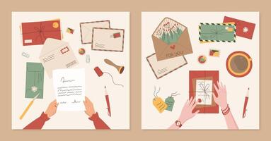 Cartoon character read handwritten letter postcard template, woman hands send greeting postcard with sheet of paper, creative craft envelope illustration with stamp and mark background design. vector