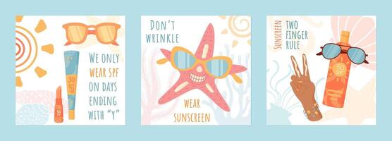 Sunscreen and sun block product summer banner set, creative social media post template with cartoon sun block tube, two finger rule hand and funny starfish with sunglasses at underwater background. vector