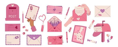 Cartoon love mail with hands set, trendy romantic letter design, flat hand hold handmade post card, creative style craft envelope with heart and kiss, modern cute postcard and envelope in mailbox. vector
