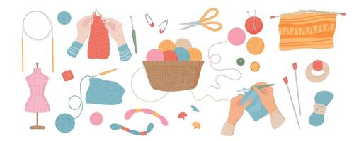 Knitting tools set with a basket of yarn, knit needles, scissors, and a sewing mannequin. Hands knitting and crocheting with thread, buttons, pins, and sewing accessories for handmade embroidery. vector
