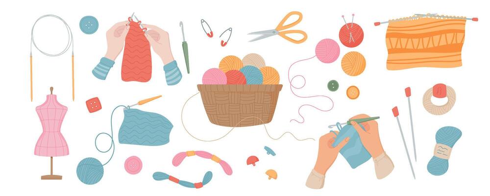 Knitting tools set with a basket of yarn, knit needles, scissors, and a sewing mannequin. Hands knitting and crocheting with thread, buttons, pins, and sewing accessories for handmade embroidery.