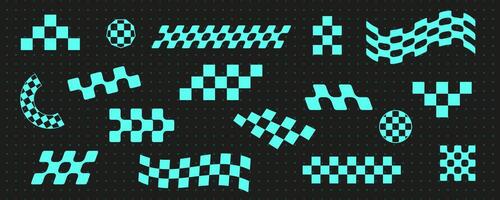 Vintage checker pattern shape set, modern techno groovy checkerboard decoration design, futuristic blue neon 90s chess element collection, geometric trendy y2k icon , retro abstract aesthetic, vector