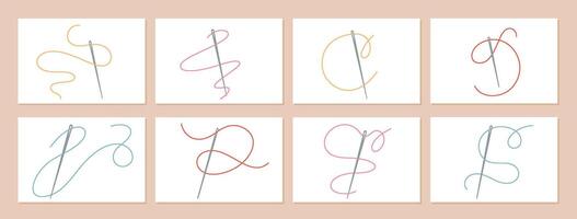 Needles threading colorful threads set in different curvy patterns. Cute illustration with needle and thread for sewing, needlework, and embroidery projects. Tailor tools for handmade craft designs. vector